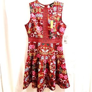 Alexia Admor Justine Lace Trim Flounce Rust Floral Dress Size Small